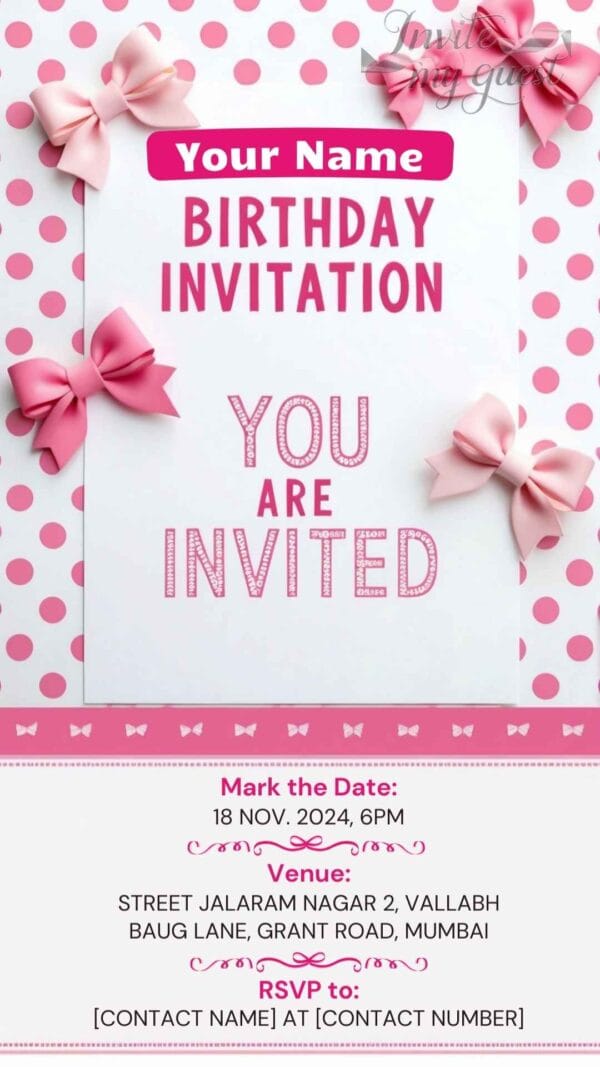 Pink Polka Dot Digital Birthday Invitation Card with Elegant Bows – Customizable Canva Template