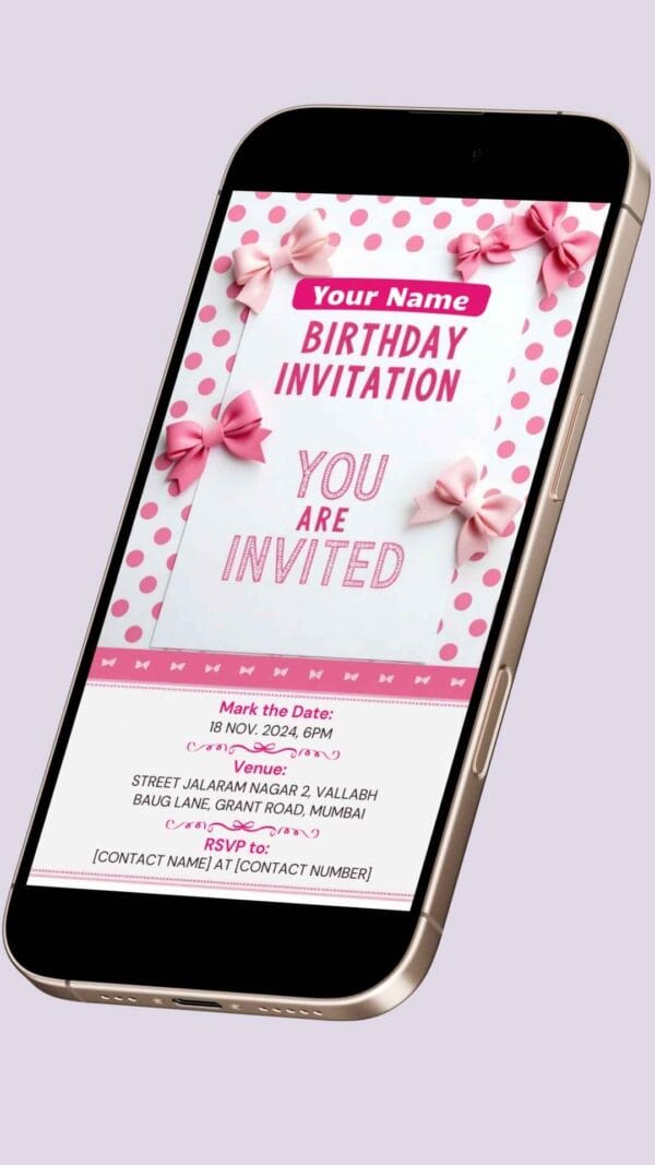 Pink Polka Dot Digital Birthday Invitation Card with Elegant Bows – Customizable Canva Template - Image 2