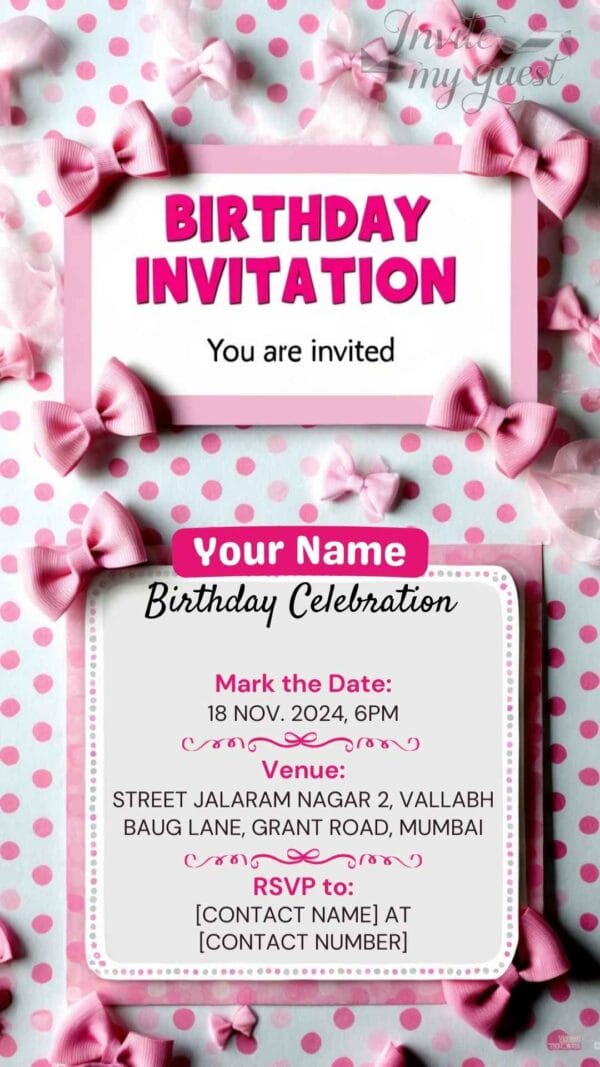 Charming Pink Polka Dot Digital Birthday Invitation Card with Bows – Customizable Canva Template