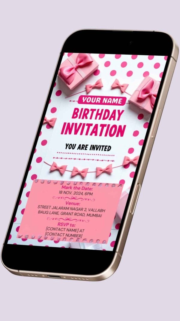 Charming Pink Polka Dot Digital Birthday Invitation Card with Bows and Gift Boxes – Customizable Canva Template - Image 2