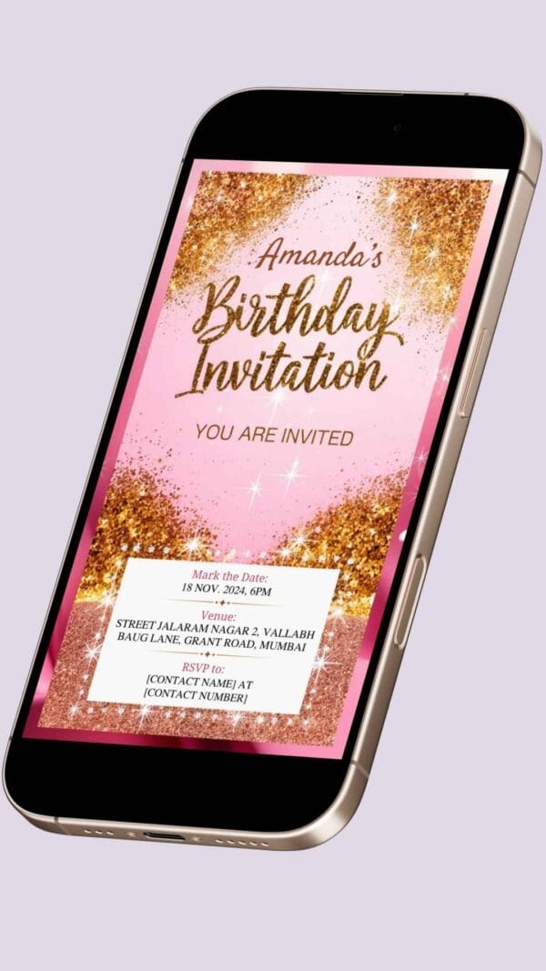 Pink and Gold Glam Birthday Invitation Card for Girls age 8 to 31 Design 1 - Image 2