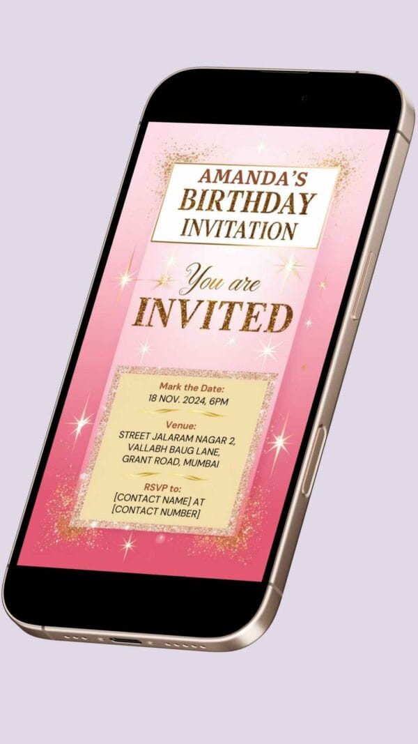 Sparkles Birthday Invitation Card with Golden Box and Polka Dot Rosy Pink – Customizable Canva Template - Image 2