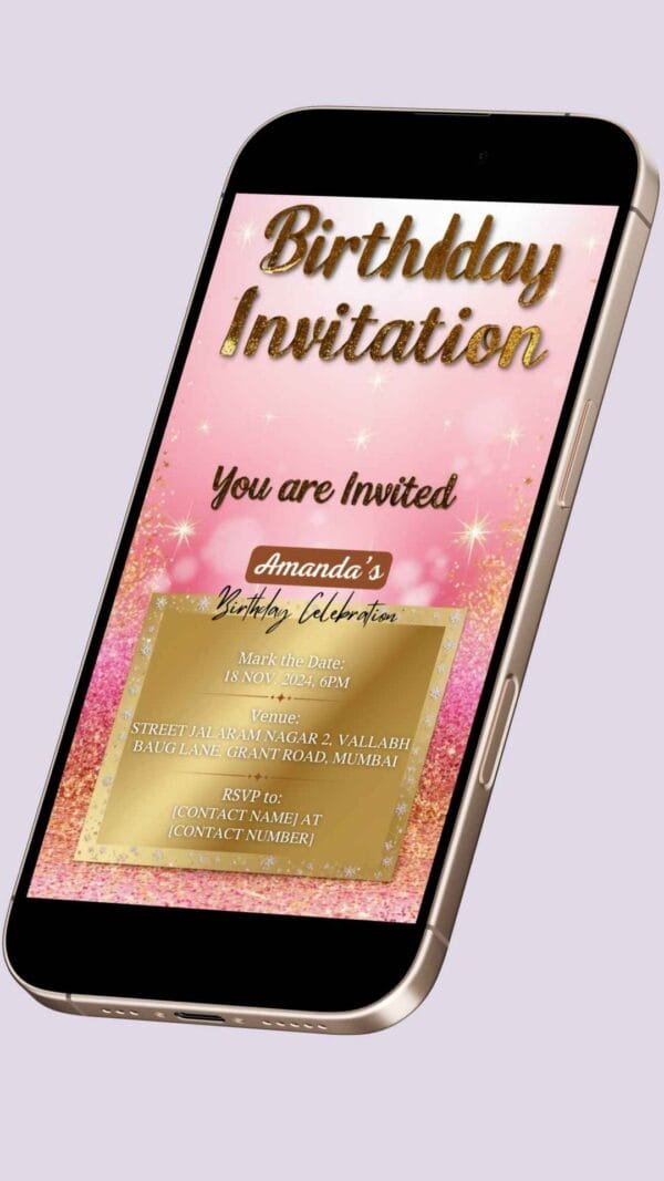 Gradient Polka Dot Sparkles Birthday Invitation Card with Golden Box and Rosy Pink – Customizable Canva Template - Image 2