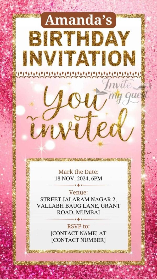 Pink and Gold Glam Birthday Invitation Card for Girls age 8 to 31 Design 2