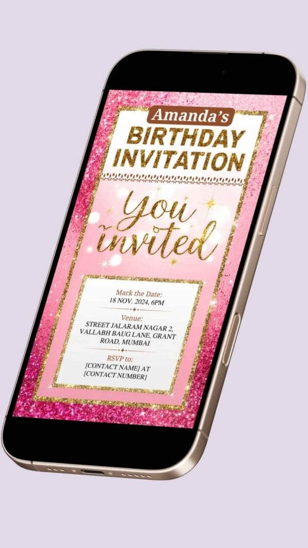 Pink and Gold Glam Birthday Invitation Card for Girls age 8 to 31 Design 2 - Image 2