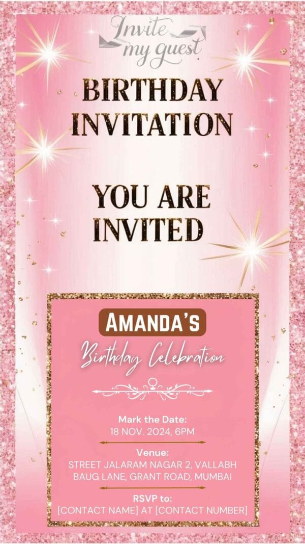 Pink and Gold Floral Birthday Invitation Canva Template – Editable Digital Invitation with Pink Polka Dot and Rose Accents