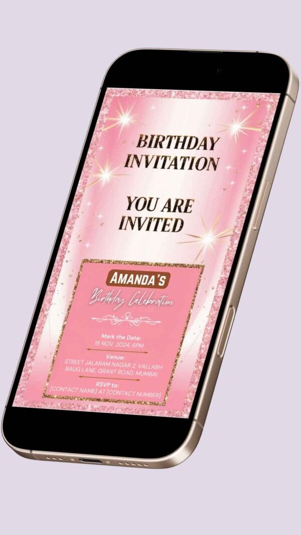 Pink and Gold Floral Birthday Invitation Canva Template – Editable Digital Invitation with Pink Polka Dot and Rose Accents - Image 2
