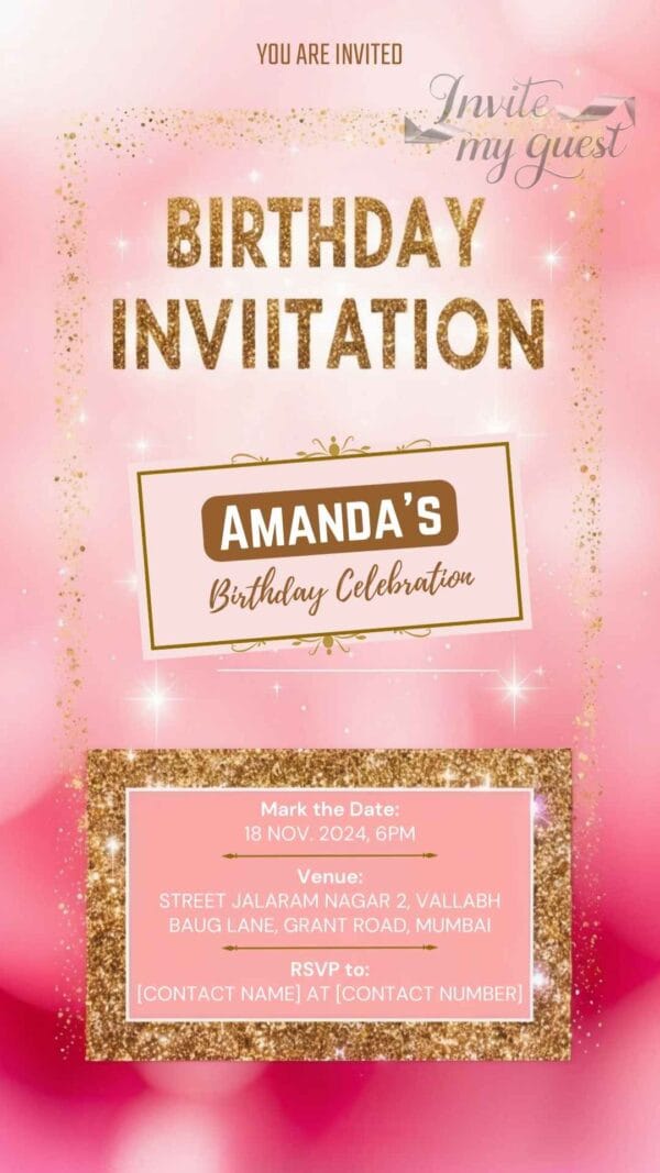 Pink and Gold Glam Birthday Invitation Canva Template – Stylish Digital Editable Card with Polka Dot and Sparkle Accents