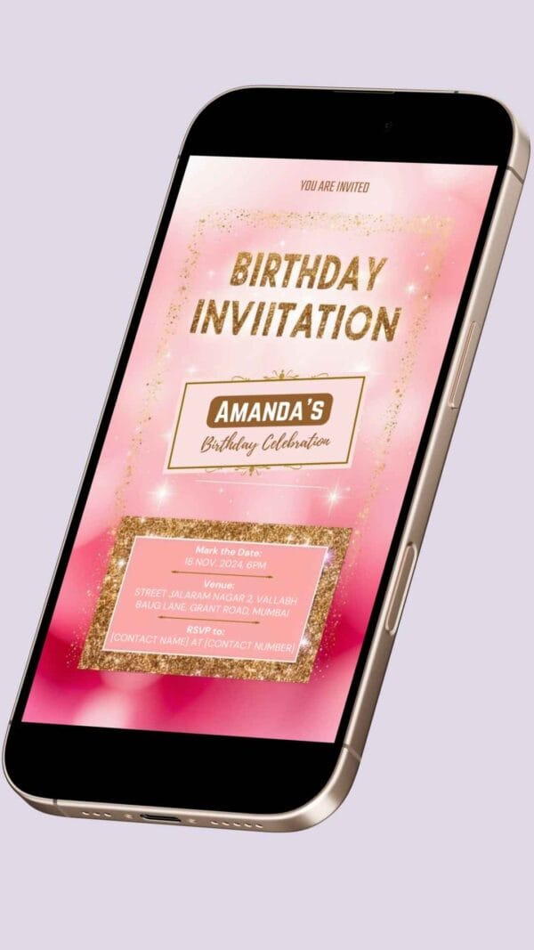 Pink and Gold Glam Birthday Invitation Canva Template – Stylish Digital Editable Card with Polka Dot and Sparkle Accents - Image 2