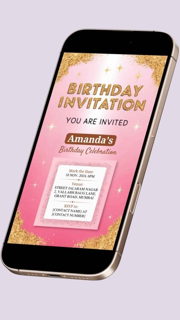 Pink and Gold Glam Birthday Invitation Card for Girls age 8 to 31 Design 4 - Image 2