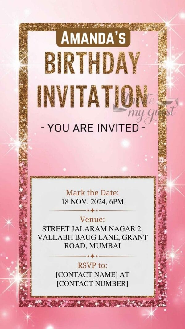 Pink and Gold Glam Birthday Invitation Card for Girls age 8 to 31 Design 5