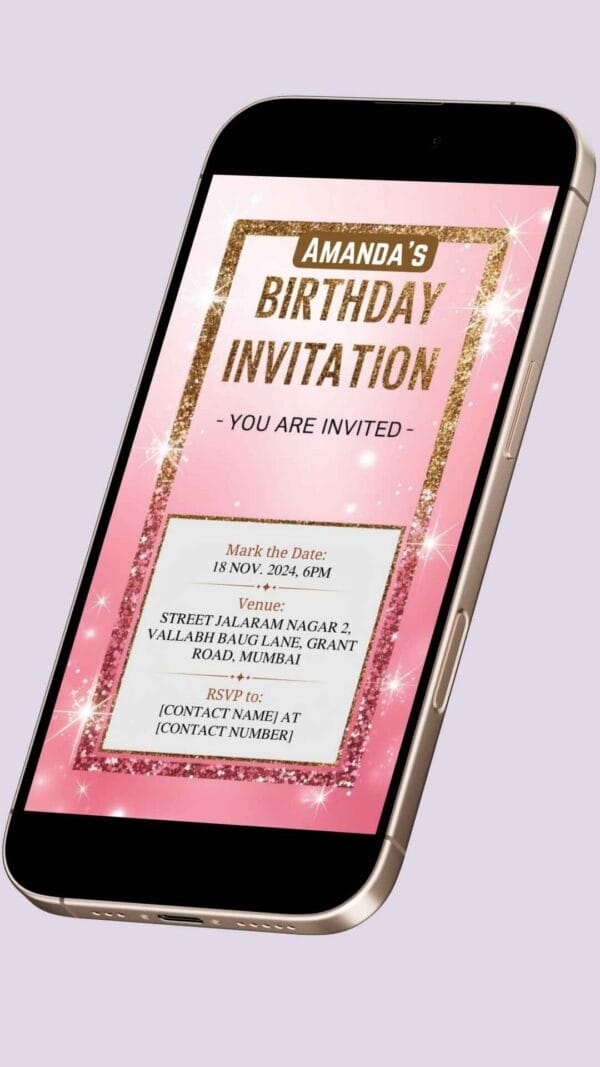 Pink and Gold Glam Birthday Invitation Card for Girls age 8 to 31 Design 5 - Image 2