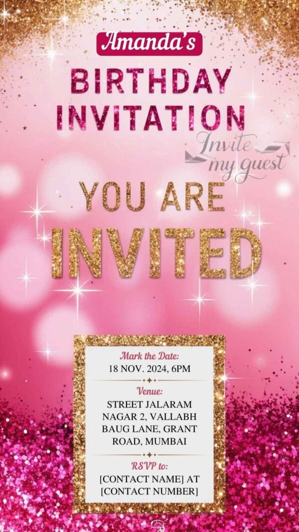 Pink and Gold Glam Birthday Invitation Card for Girls age 8 to 31 Design 7