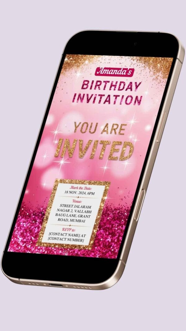 Pink and Gold Glam Birthday Invitation Card for Girls age 8 to 31 Design 7 - Image 2