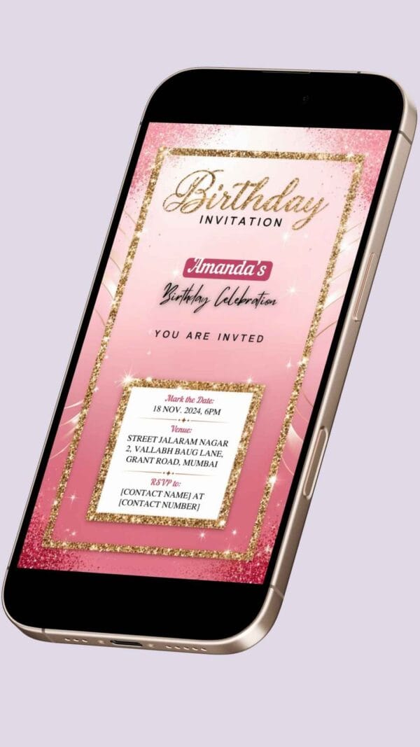 Pink and Gold Glam Birthday Invitation Card for Girls age 8 to 31 Design 8 - Image 2