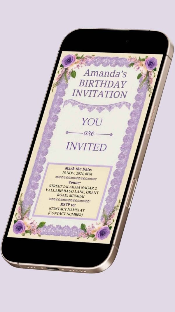 Lavender and Lace Birthday Invitation Card for Girls age 8 to 31 Design 5 - Image 2