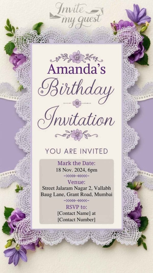 Lavender and Lace Birthday Invitation Card for Girls age 8 to 31 Design 12