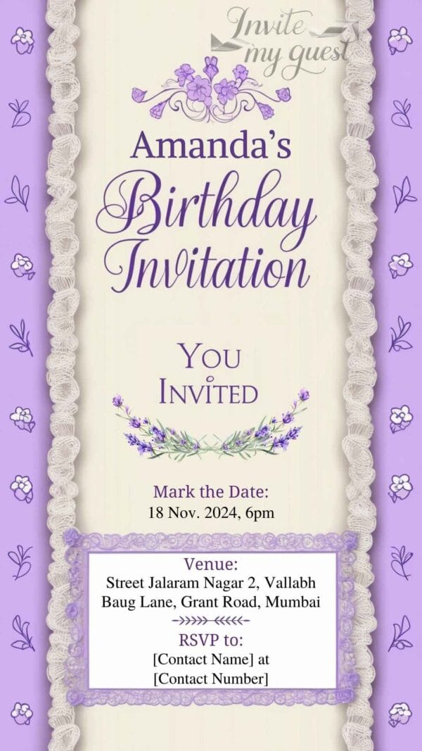 Lavender and Lace Birthday Invitation Card for Girls age 8 to 31 Design 14