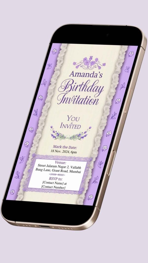 Lavender and Lace Birthday Invitation Card for Girls age 8 to 31 Design 14 - Image 2