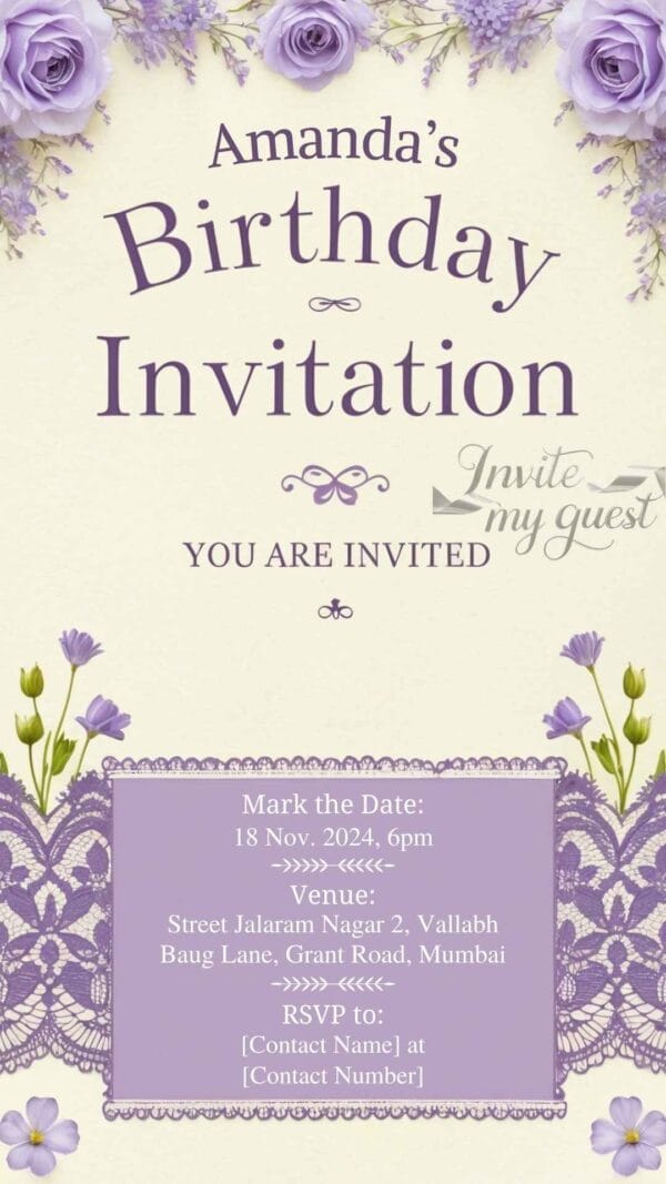 Lavender and Lace Birthday Invitation Card for Girls age 8 to 31 Design 15