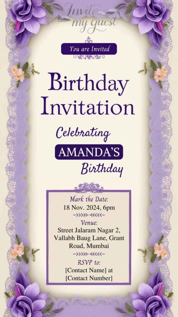 Lavender and Lace Birthday Invitation Card for Girls age 8 to 31 Design 18