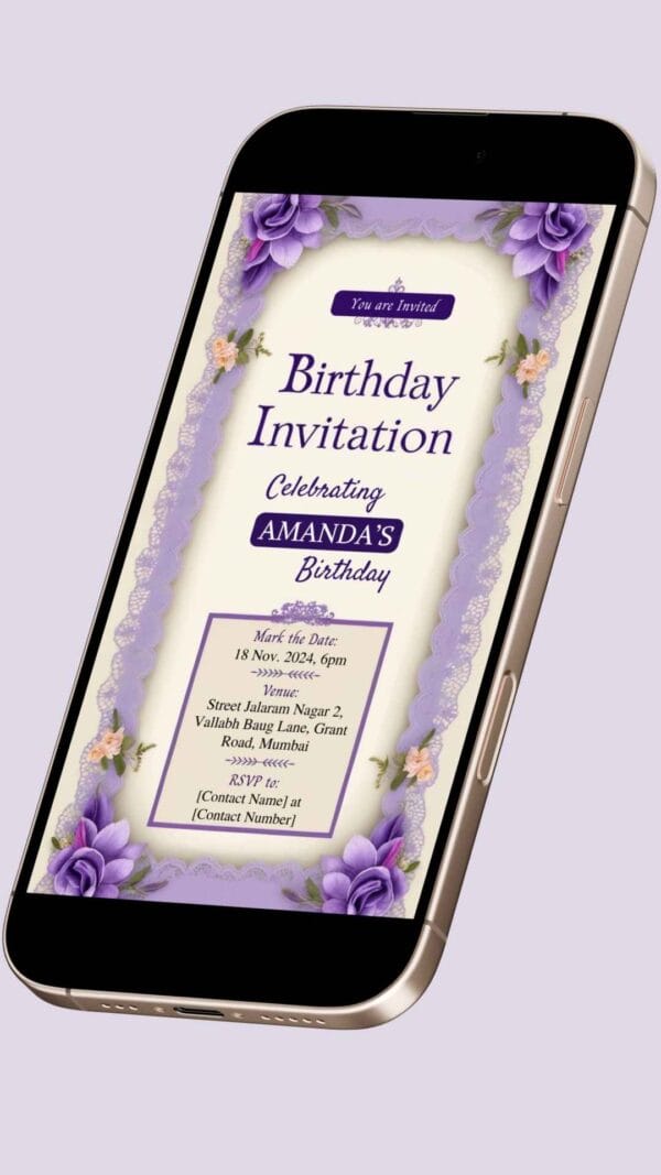 Lavender and Lace Birthday Invitation Card for Girls age 8 to 31 Design 18 - Image 2