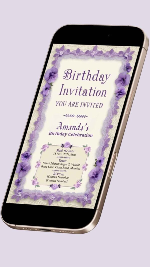 Lavender and Lace Birthday Invitation Card for Girls age 8 to 31 Design 21 - Image 2