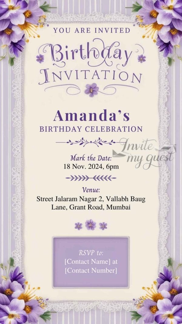 Lavender and Lace Birthday Invitation Card for Girls age 8 to 31 Design 23