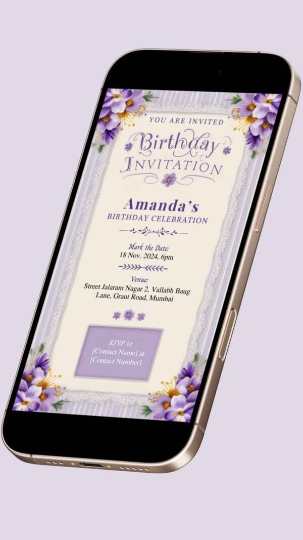Lavender and Lace Birthday Invitation Card for Girls age 8 to 31 Design 23 - Image 2