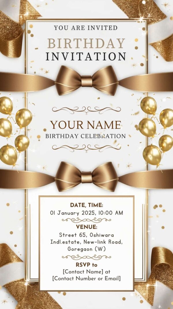 Golden Bliss: BOYISH Ribbon Birthday Invitation - Customizable Digital Design