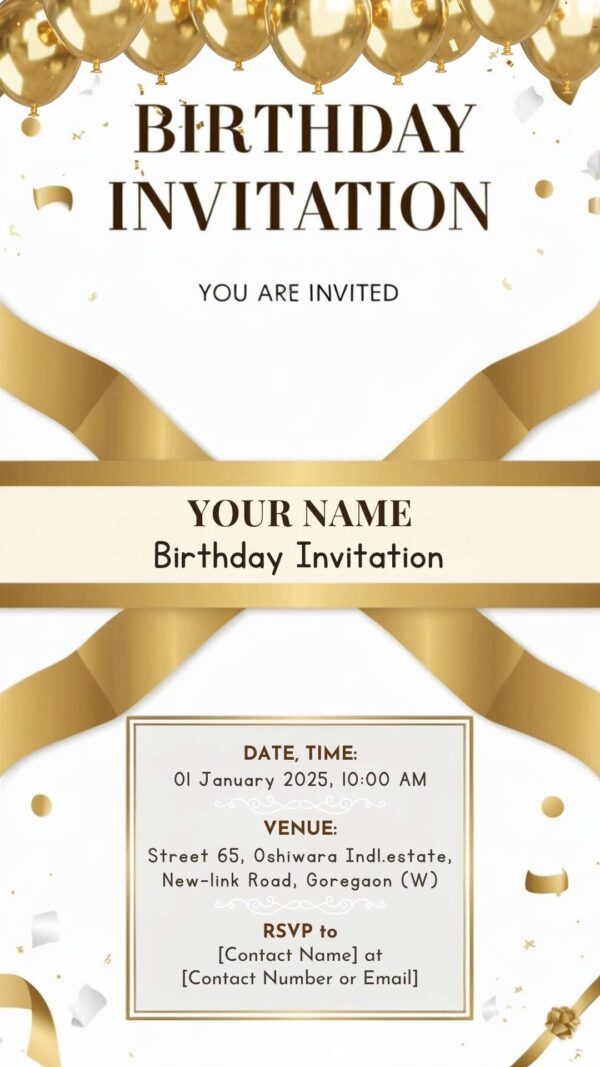 Golden Ribbon Delight: BOYISH Birthday Invitation - Customizable Digital Design