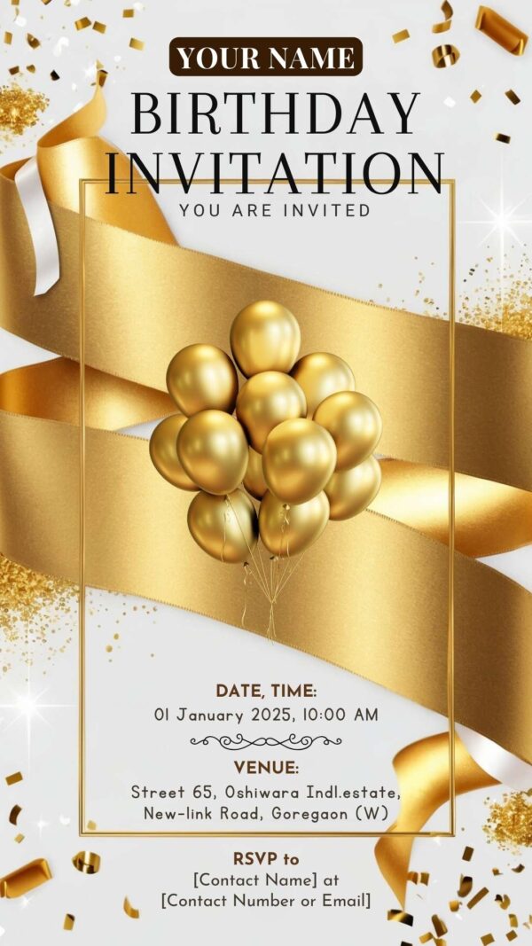 Golden Celebration: BOYISH Ribbon Birthday Invitation - Customizable Digital Design