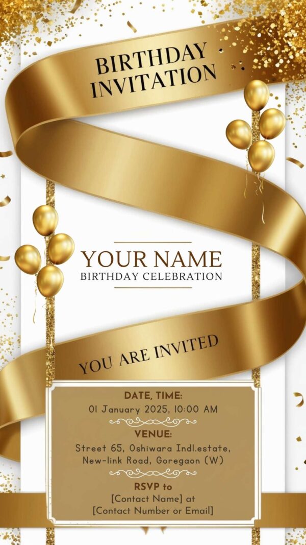 Golden Charm: BOYISH Ribbon Birthday Invitation - Customizable Digital Design