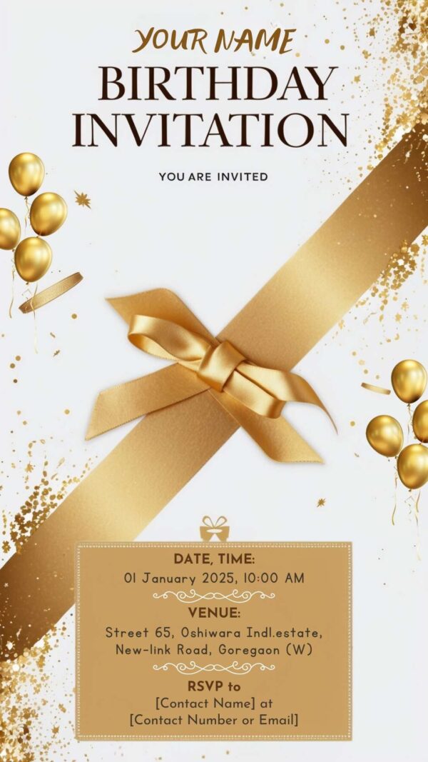 Golden Elegance: BOYISH Ribbon Birthday Invitation - Customizable Digital Design