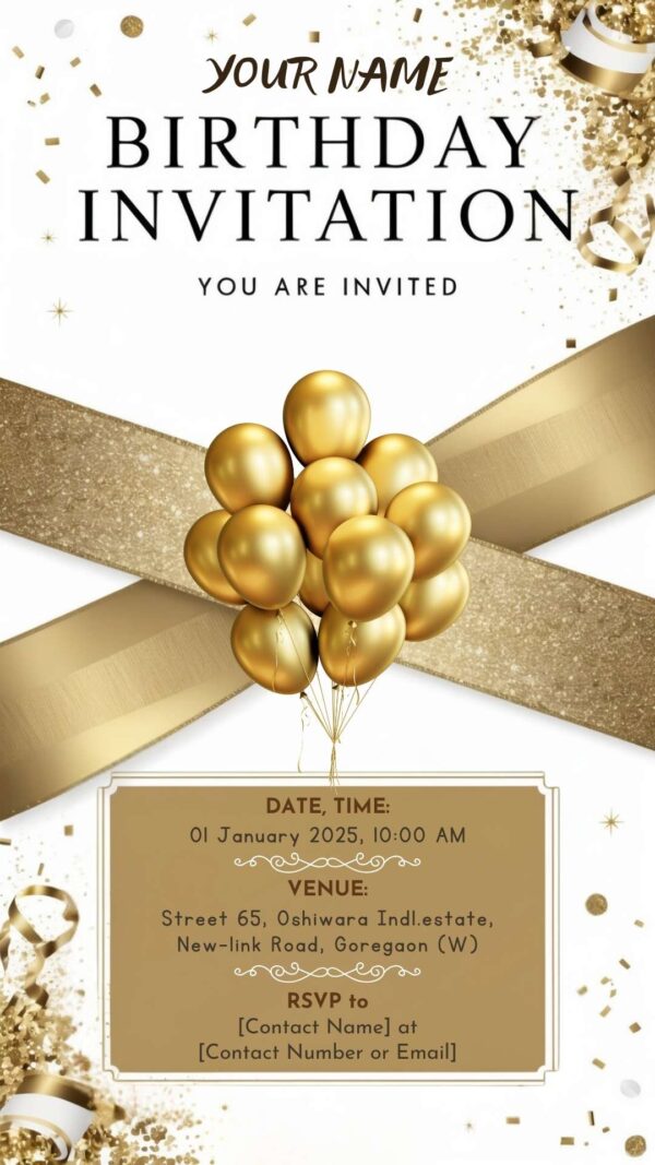 Golden Glow Charm: BOYISH Ribbon Birthday Invitation - Customizable Digital Design