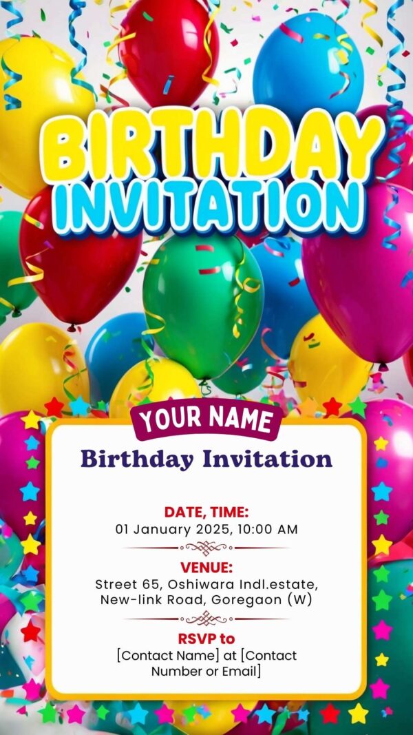 Whimsical Balloons & Banner Birthday Invitation - Customizable Digital Design