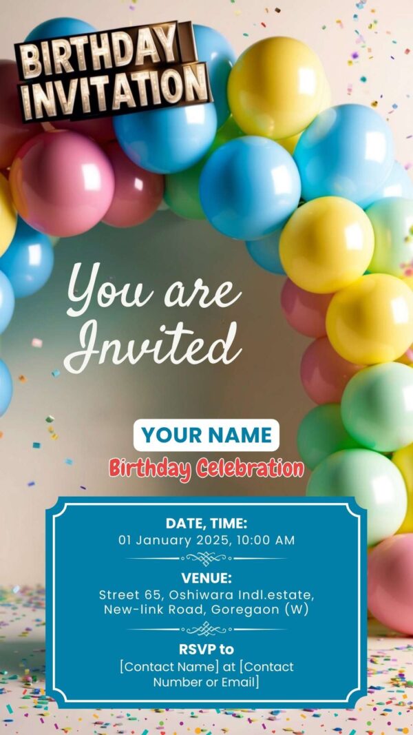 Colorful Balloons Arch Birthday Invitation - Customizable Digital Design