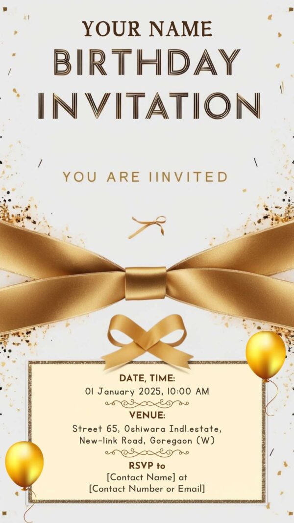 Golden Ribbon Delight: BOYISH Birthday Invitation - Customizable Digital Design