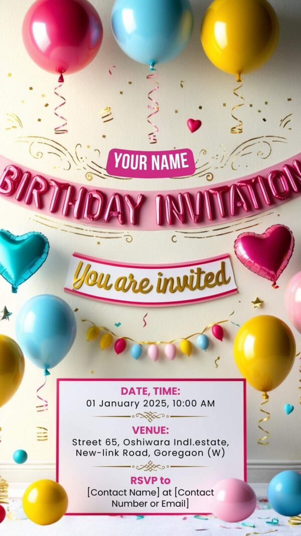 Charming Banner Bash: Birthday Invitation - Customizable Digital Design