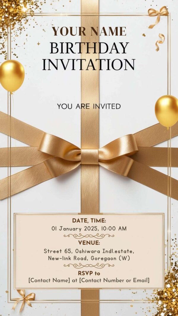 Golden Glow: BOYISH Ribbon Birthday Invitation - Customizable Digital Design