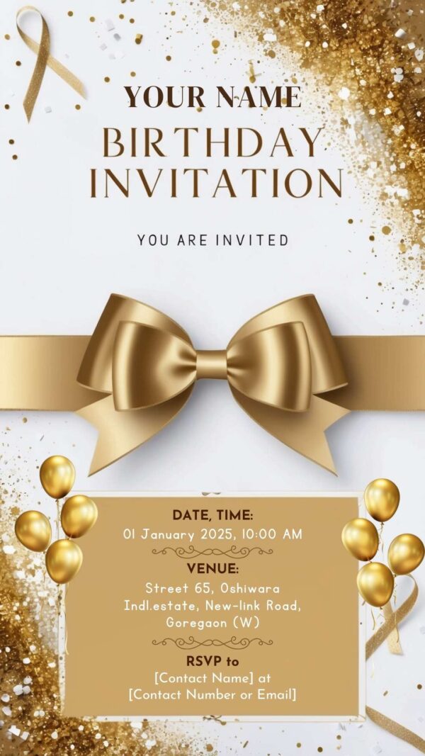 Golden Ribbon Splendor: BOYISH Birthday Invitation - Customizable Digital Design