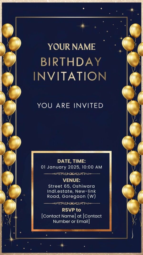 Classic Celebration: BOYISH Navy & Gold Birthday Invitation - Customizable Digital Design