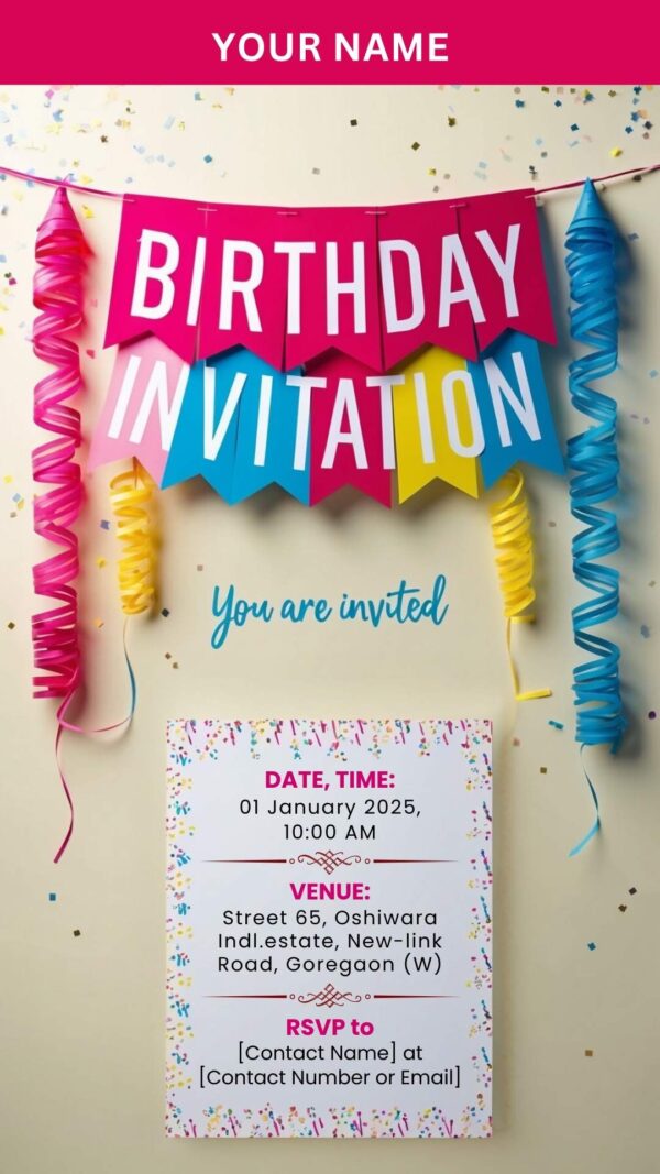 Bright and Bold Banner Birthday Invite - Customizable Digital Design