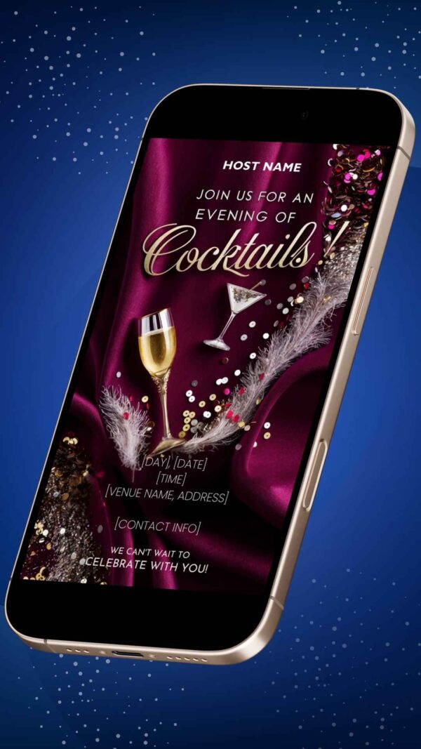 Glamorous Burgundy Satin Cocktail Party Invitation Template with Festive Sparkles - Editable Canva Design - Image 2