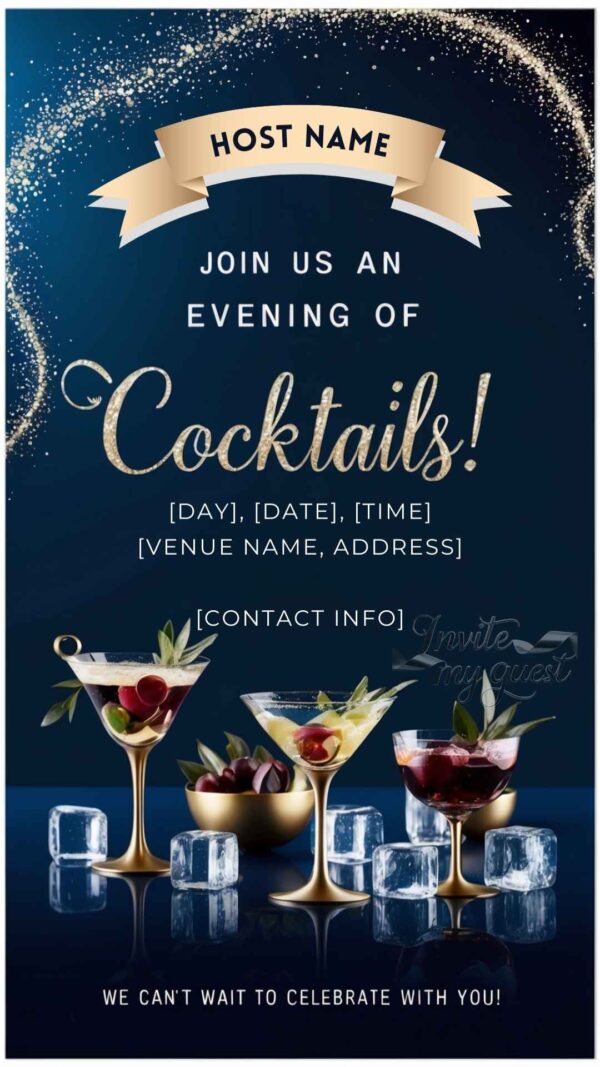 Luxurious Navy Blue and Gold Cocktail Party Invitation Template - Editable Canva Design