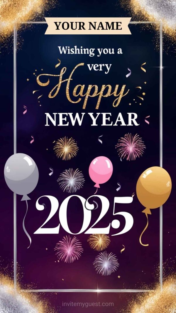 Festive 2025 New Year Card with Fireworks and Balloons - Customizable Canva Template