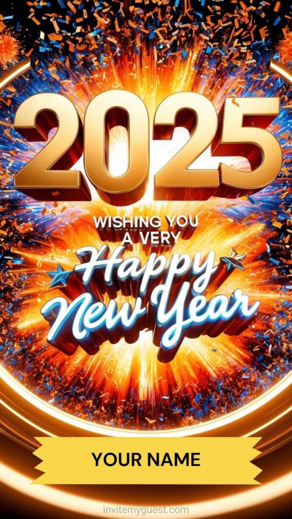 Explosive 2025 New Year Card with Golden Numbers and Confetti - Customizable Canva Template