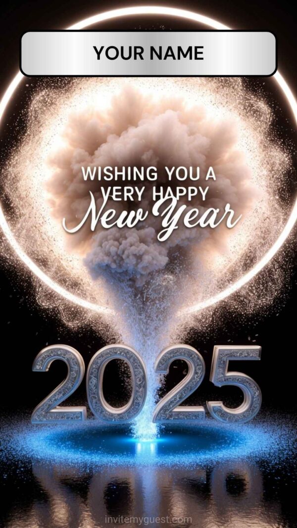 Elegant 2025 New Year Card with Glowing Circle and Fireworks - Customizable Canva Template