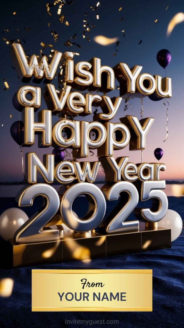 Golden Glitter Text with Festive Balloons - 2025 New Year Greeting Card Canva Template