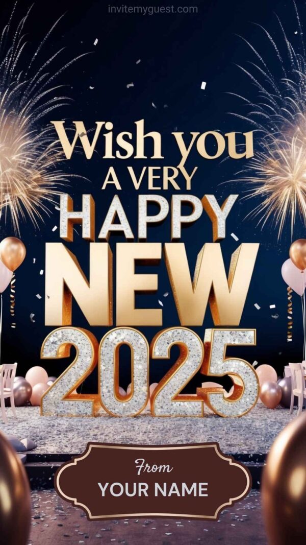 Colorful Fireworks, Golden "2025," Balloons, and Confetti – Custom Name – New Year Celebration 2025 Greeting Card Template